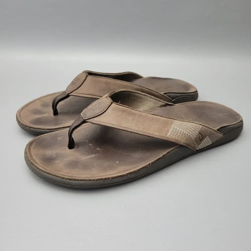 OluKai Tuahine Mens Leather Thongs Flip Flop Beach Vacation Sandals Shoes Sz 13